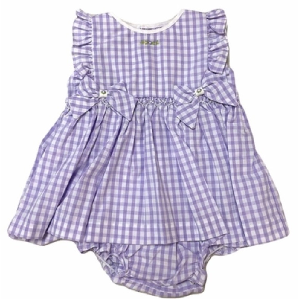 PETIT AMI BABY GIRLS LAVENDER GINGHAM DRESS - BOWS AND ATTACHED BLOOMERS